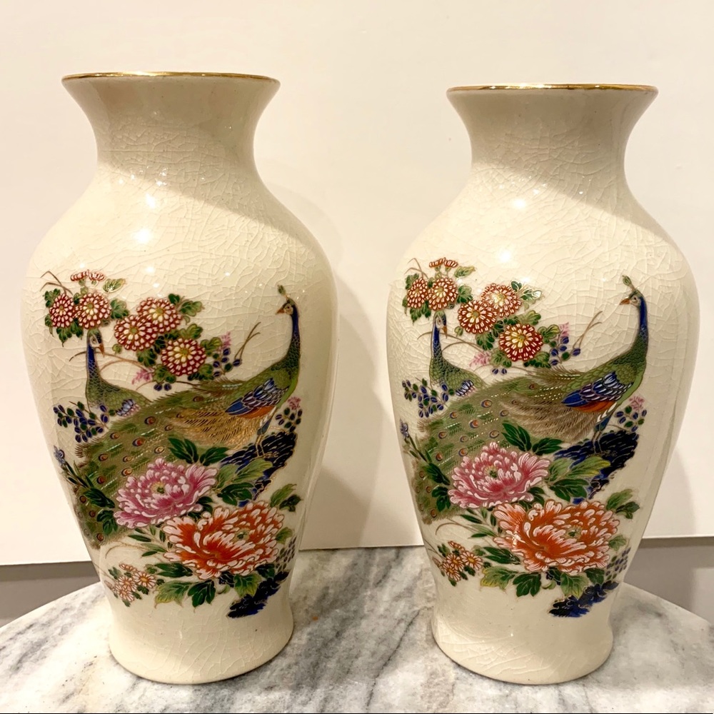 Vintage Mid Century Hand Painted Satsuma Japanese Vases